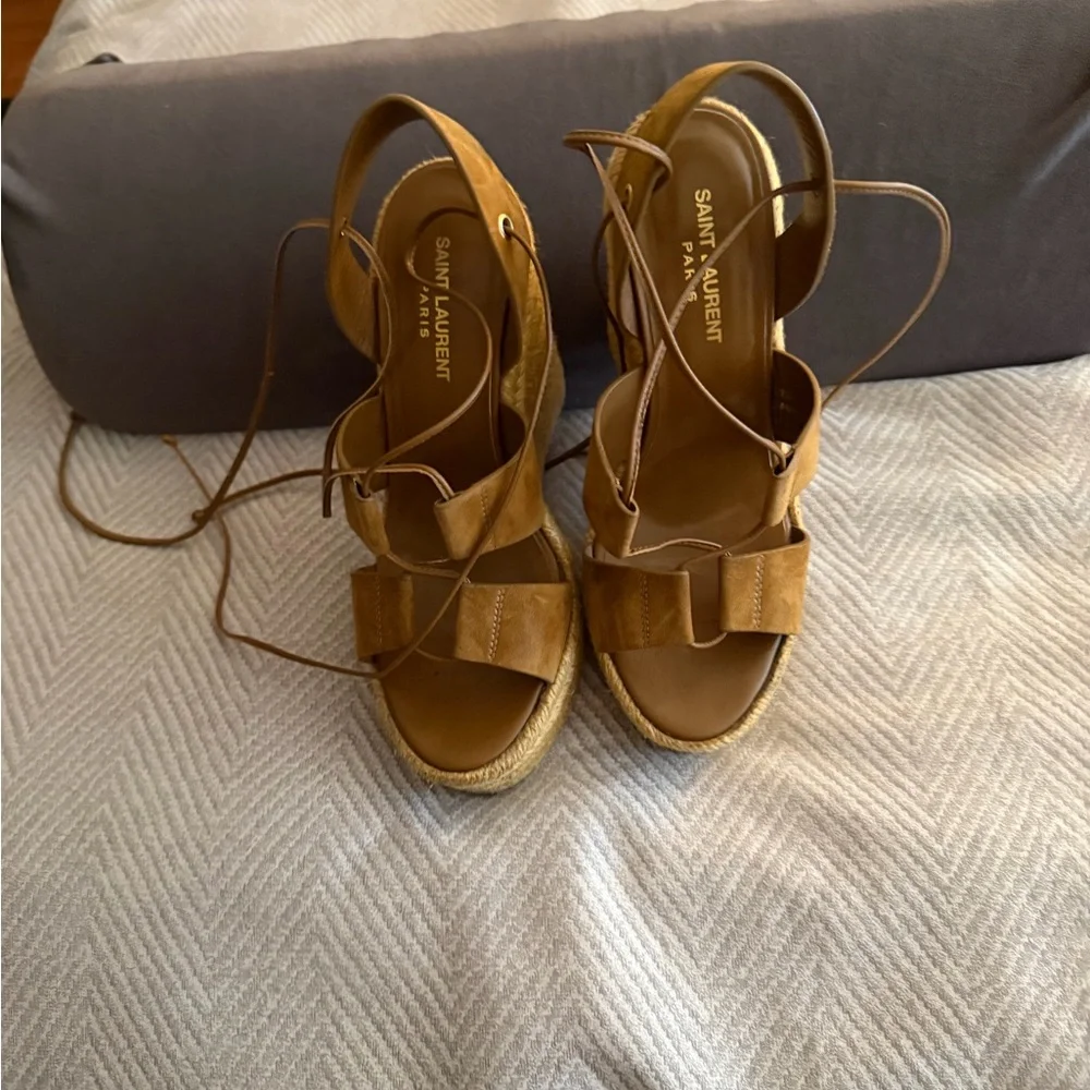 Saint Laurent Tan Suede Espadrille Wedge Sandals with Ankle Wraps